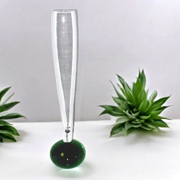 Vintage Blown Glass Bud Vase Clear and Deep Green Controlled Bubbles Bottom - Picture 1 of 3